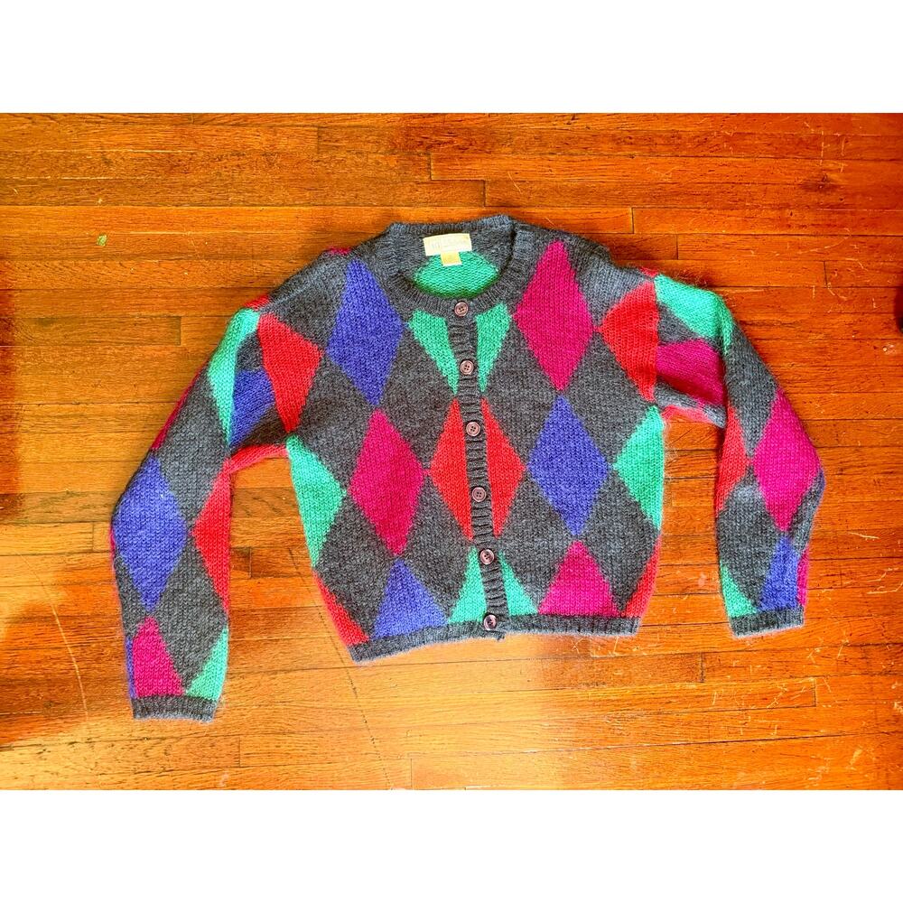 Vtg 80s Gray Teal Argyle Mohair Blend Fuzzy Harlequin Cardigan Sweater Medium